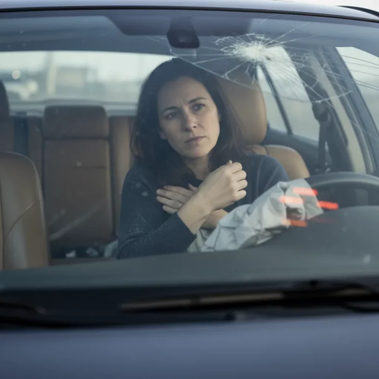 Woman in her 30s cradling her right wrist after a car crash in the driver's seat