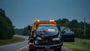 Tow truck loading a totaled sedan after a kentucky car accident