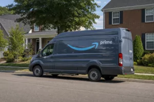 Amazon Prime delivery van parked on a residential Kentucky street