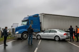 Commercial truck accident investigation scene