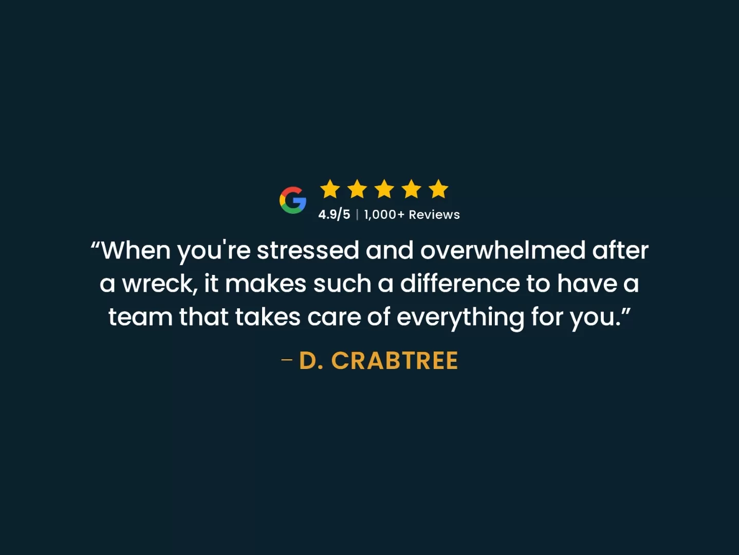 Google review from d. Crabtree: when you&rsquo;re stressed and overwhelmed after a wreck, it makes such a difference to have a team like this in your corner.