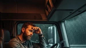 Tired truck driver in a truck cab for DOT hours of service violations and fines