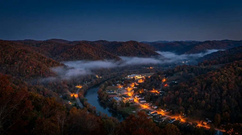 Eastern Kentucky mountains and a river valley at blue hour