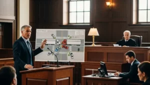 Expert witness presenting visual exhibits in a personal injury courtroom