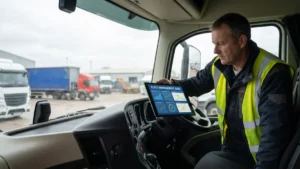 Fleet management data dashboard on a tablet used by a truck driver for crash investigation evidence