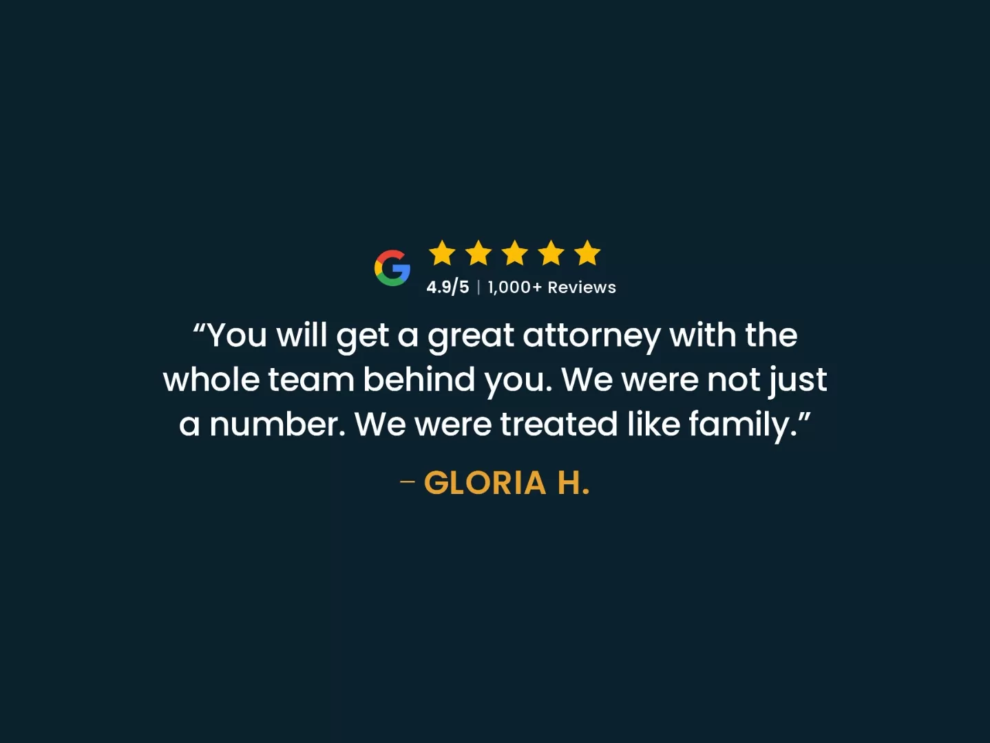 Google review from gloria h. : you will get a great attorney with the whole team behind you. We were not just a number.