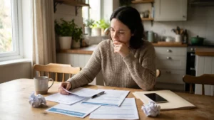 Insurance and claim documents being reviewed at a kitchen table after a car accident