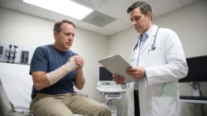Nervous patient at an independent medical exam with an insurance company check visible in the doctor's coat pocket