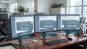 Three insurance claim information screens showing claim reserves rising from $5,000 on Day One to $55,000 on Day 30 and $95,000 on Day 90