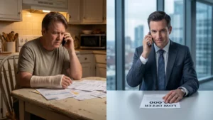 Nervous injury claimant on the phone while a slick insurance adjuster tries to push a low settlement offer