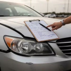 Vehicle damage estimate clipboard resting on a damaged car after a Kentucky accident