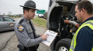 Officer conducting a roadside commercial vehicle inspection
