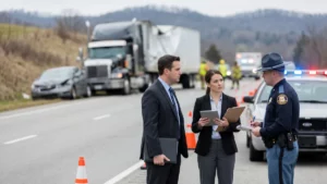 Insurance adjuster and lawyer speaking with a police officer at the scene of a semi-truck crash