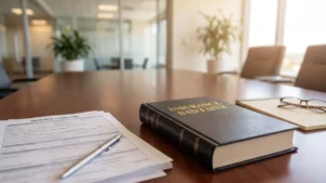 Law book titled Insurance Bad Faith on a conference table with claim documents