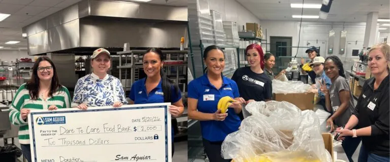 Sam aguiar injury lawyers presents a $2,000 donation check to dare to care food bank and volunteers bag produce, louisville, may 20, 2026.