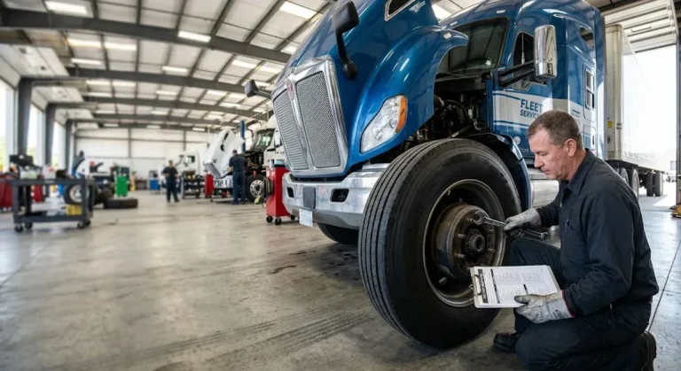 Mechanic performing a federally required pre-trip inspection on a commercial truck wheel