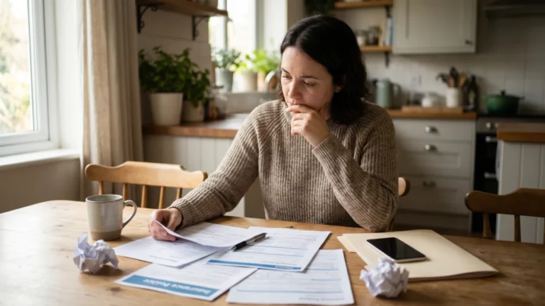 Woman reviewing her auto insurance policy and accident paperwork at her kitchen table