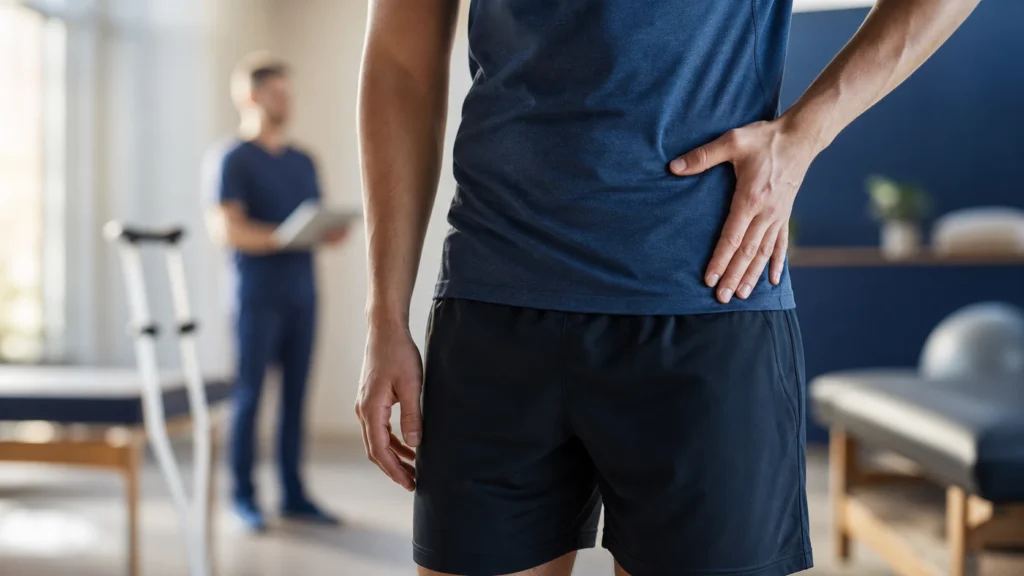 Person holding their hip in a physical therapy clinic after a kentucky car accident