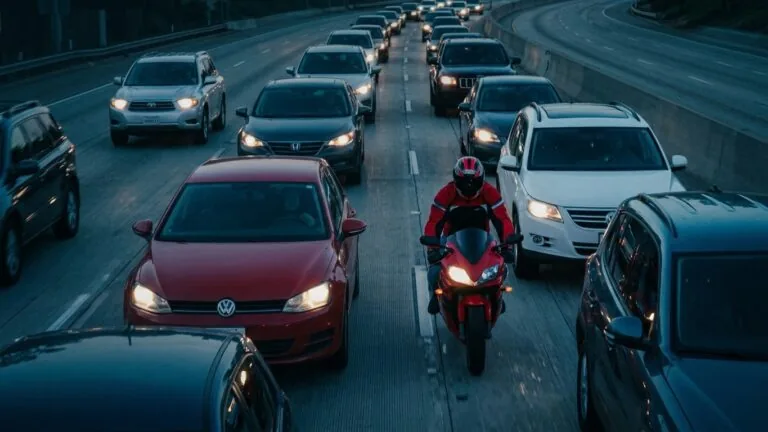 Motorcyclist lane splitting between cars in stopped kentucky traffic at dusk