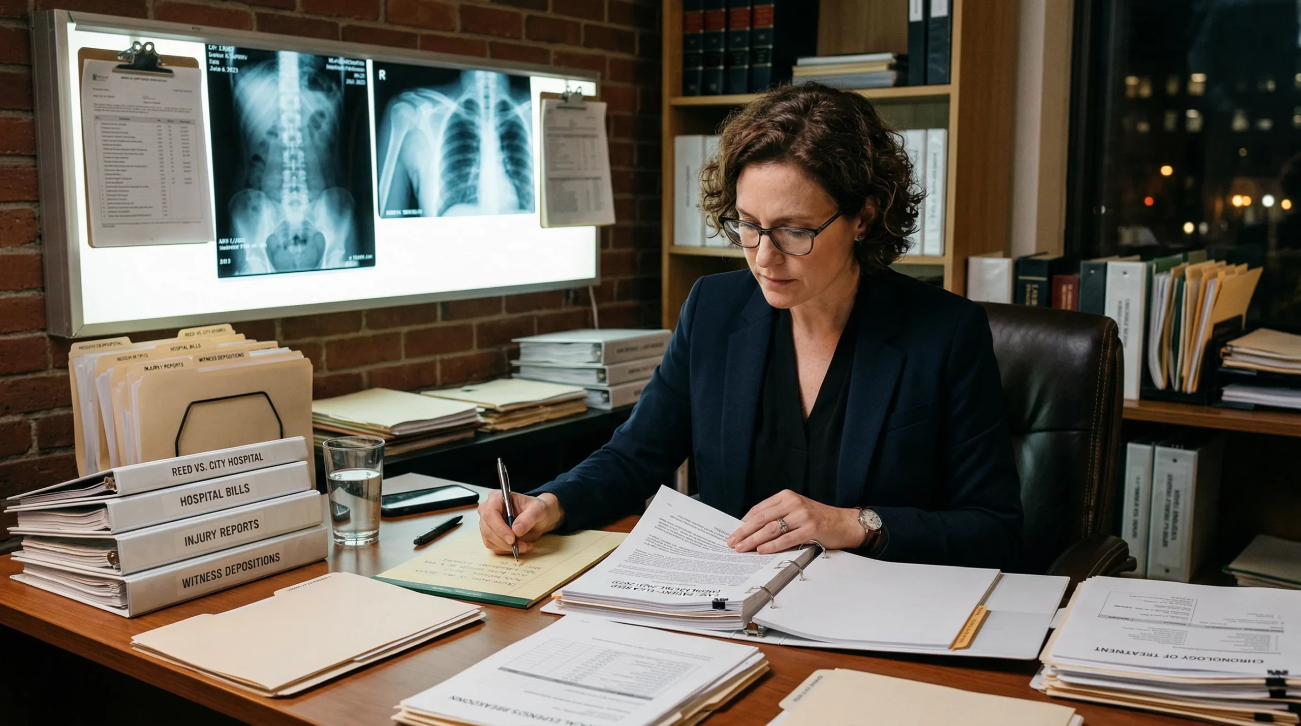 Clinician reviewing a printed mri report beside a computer in a medical records office