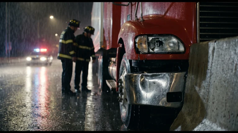 Jackknifed semi-truck at a nighttime crash scene