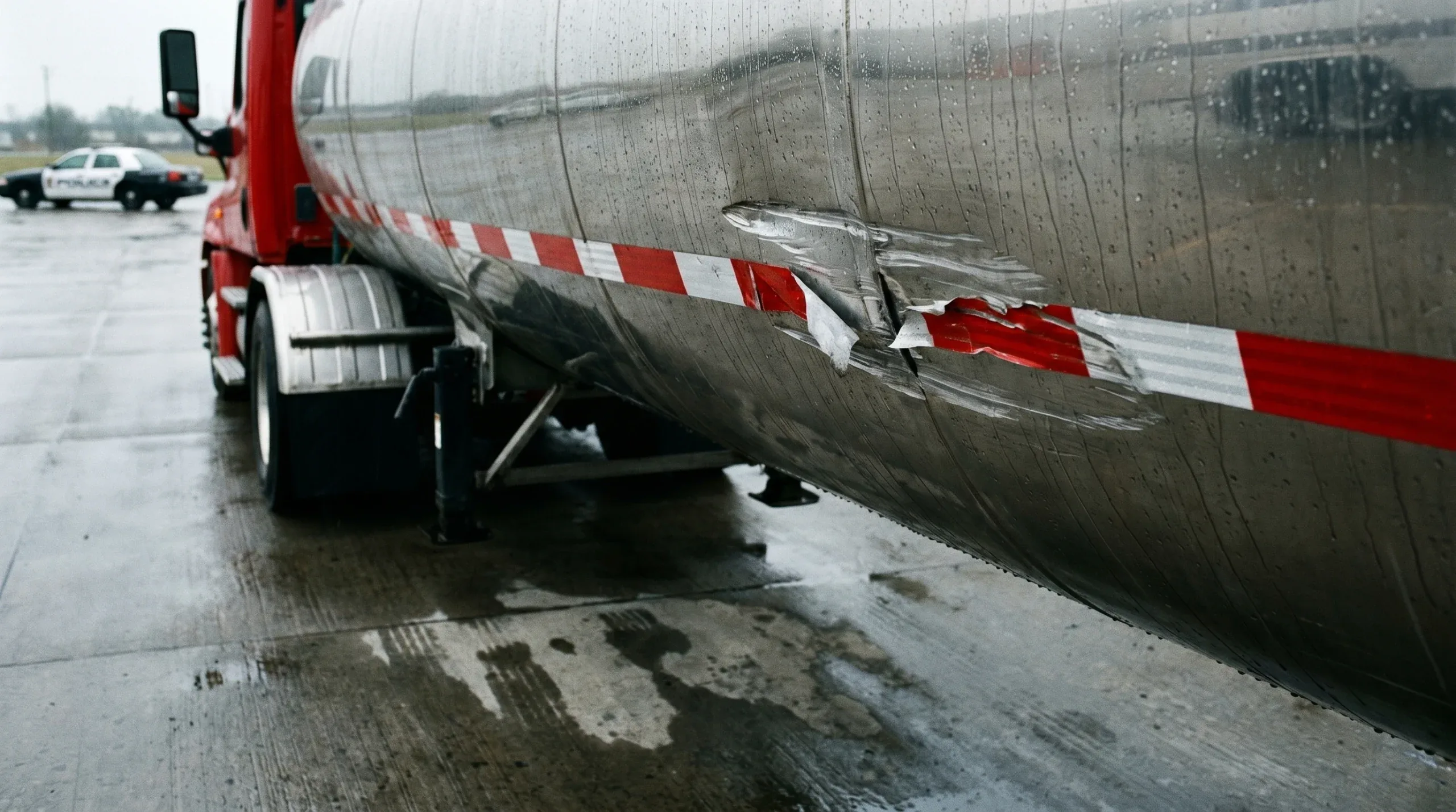 Sideswipe damage along a stainless tanker trailer