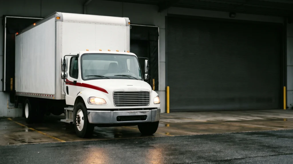 Delivery box truck parked outside a warehouse