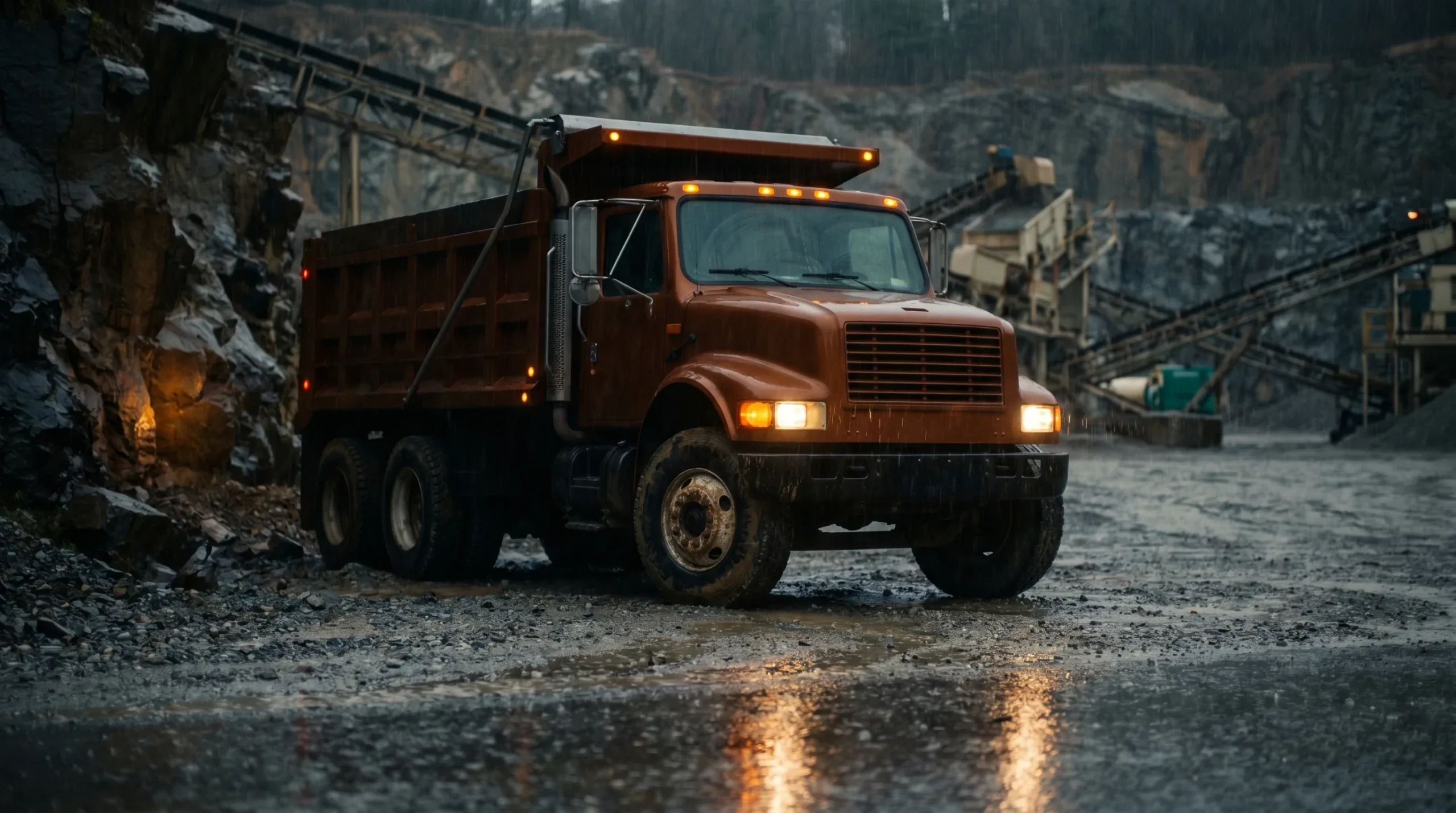 Heavy dump truck entering a quarry gate