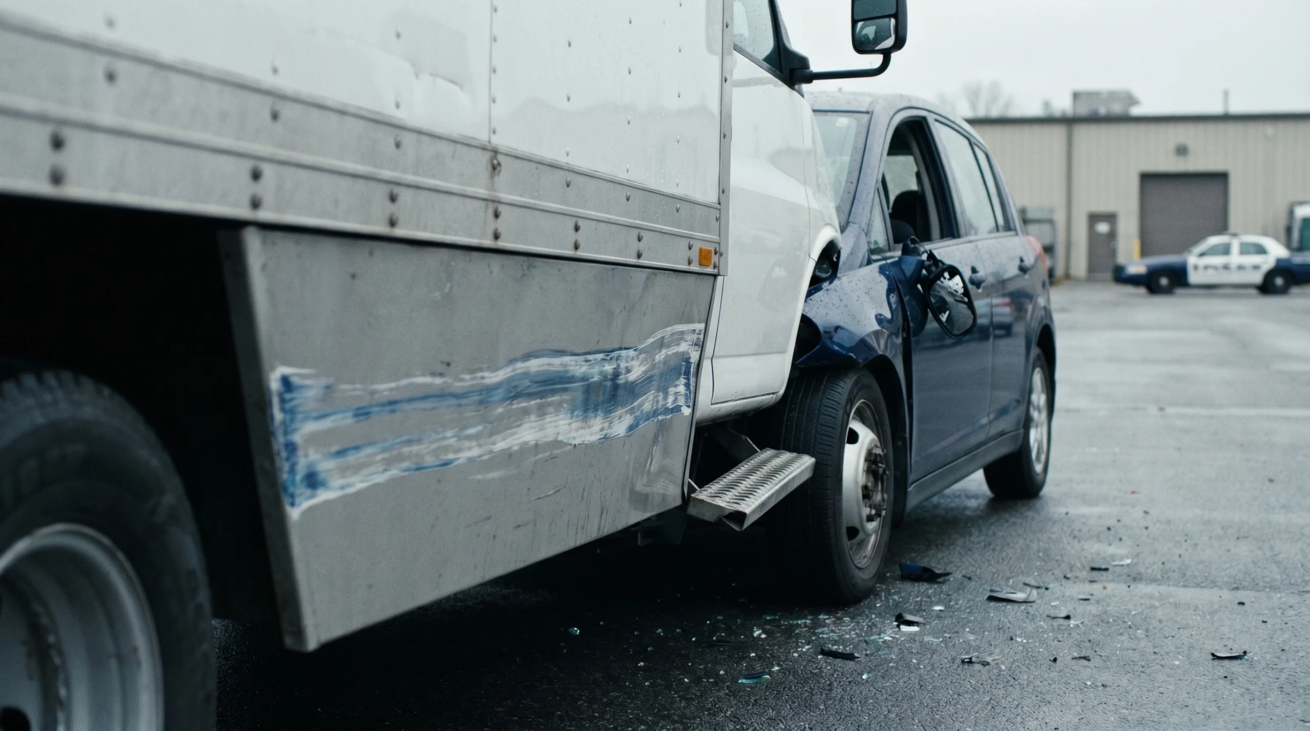 Side collision between a box truck and a passenger car