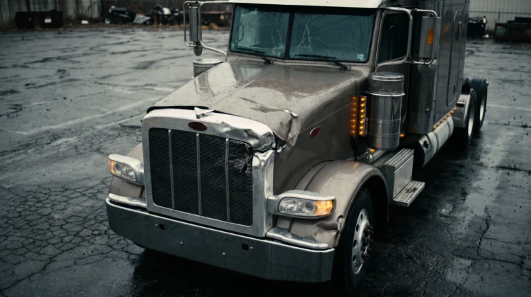 Crash-damaged truck stored in a tow yard