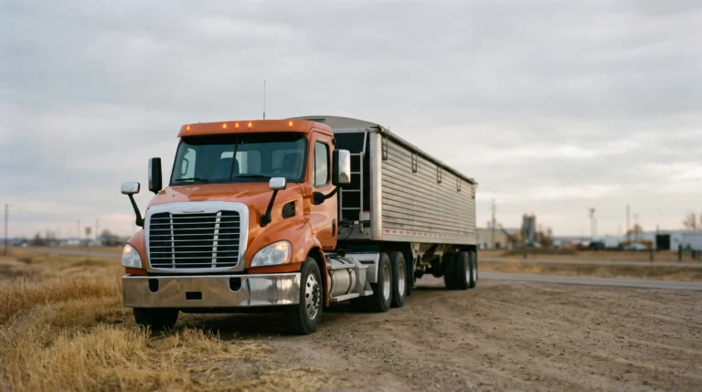 Grain hauling truck loading beneath a grain silo