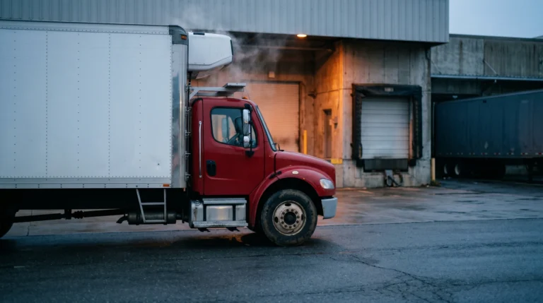 Food service refrigerated delivery truck at a dock