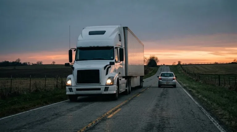 White semi truck passing a small silver car on a two-lane rural kentucky highway at sunset
