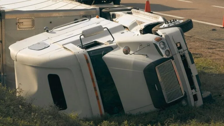Overturned semi truck resting beside a roadway after a crash