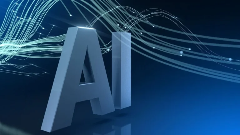 Artificial intelligence letters with flowing blue data lines