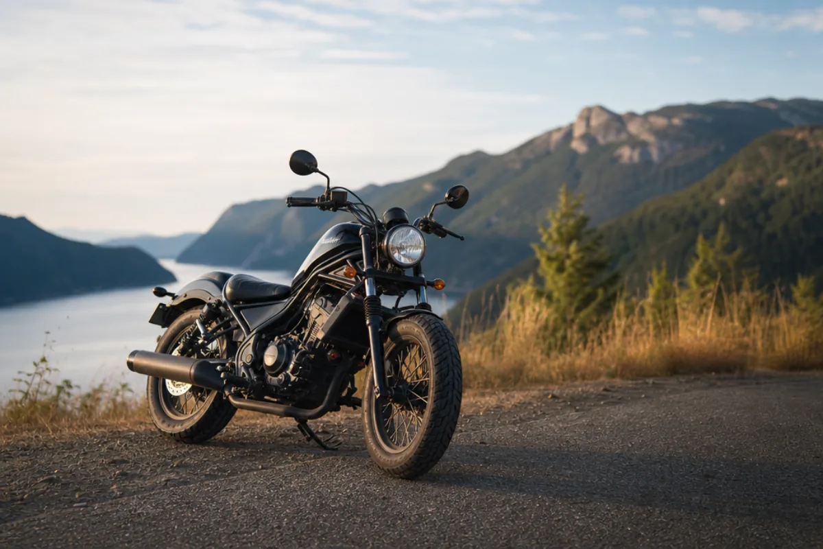 Black cruiser motorcycle parked at scenic overlook with mountain and water views