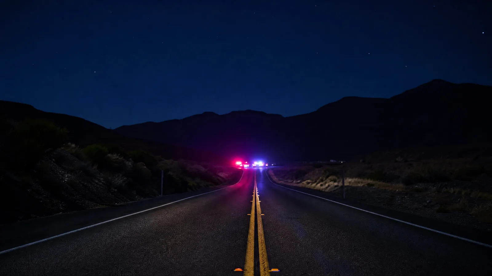 Dark highway at night with distant emergency vehicle lights reflecting on wet road