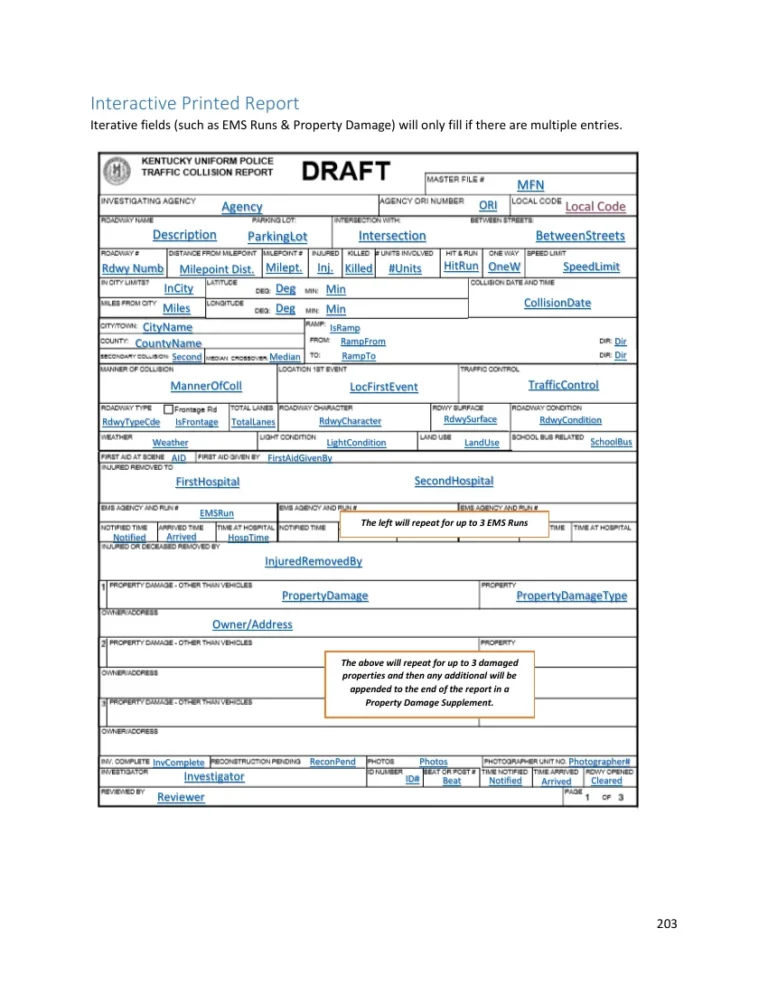 Interactive printed kentucky police traffic collision report showing collision details and report fields.