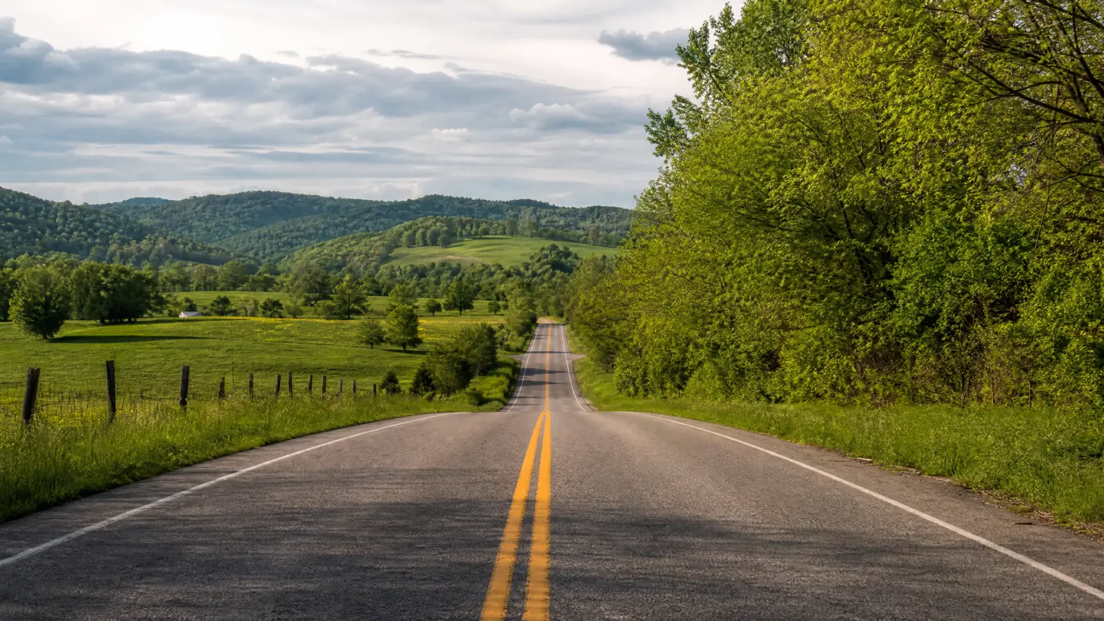 Kentucky countryside road through fenced pastures under a blue sky