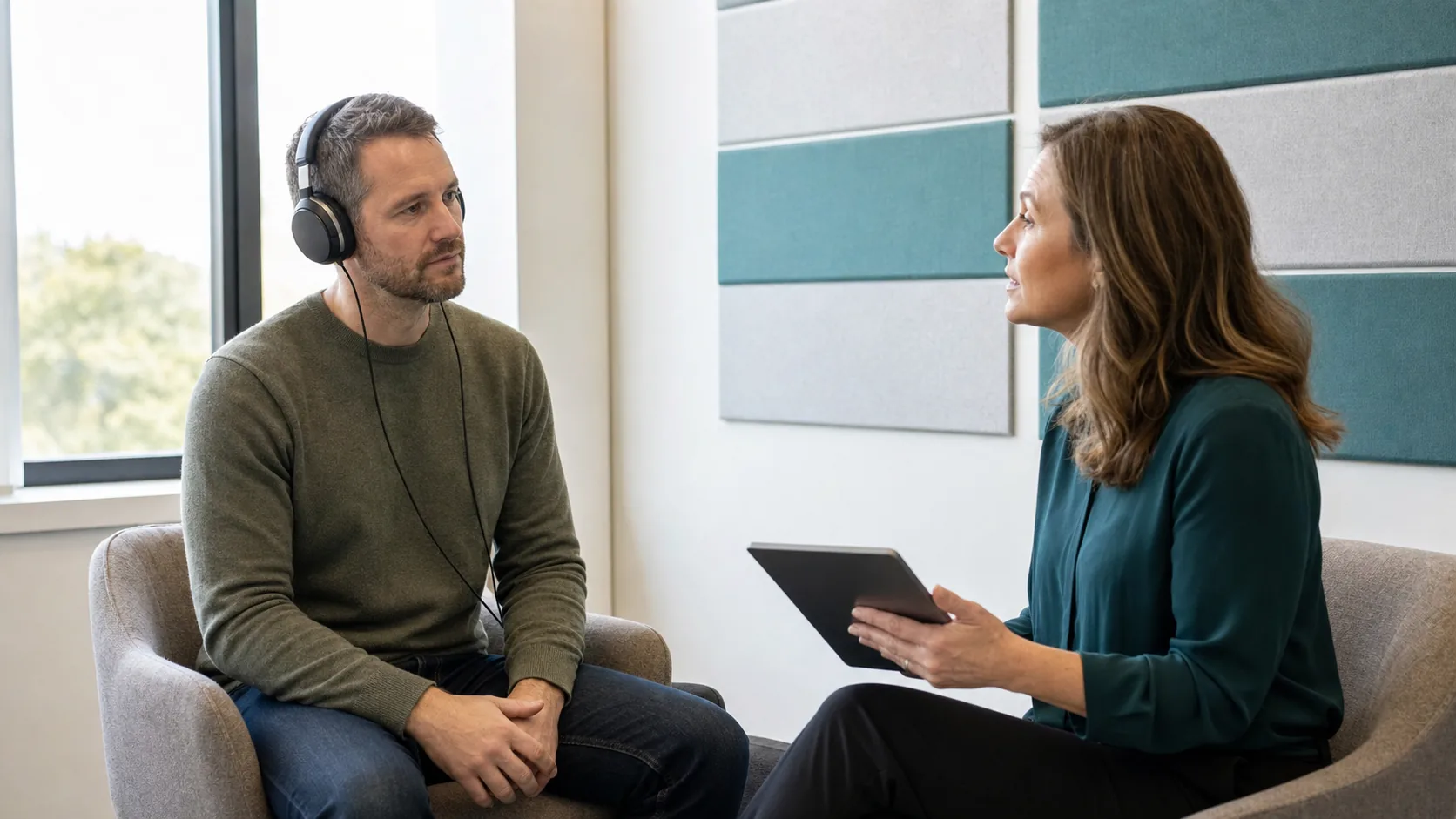 Patient wearing clinical headphones during a modern tinnitus consultation