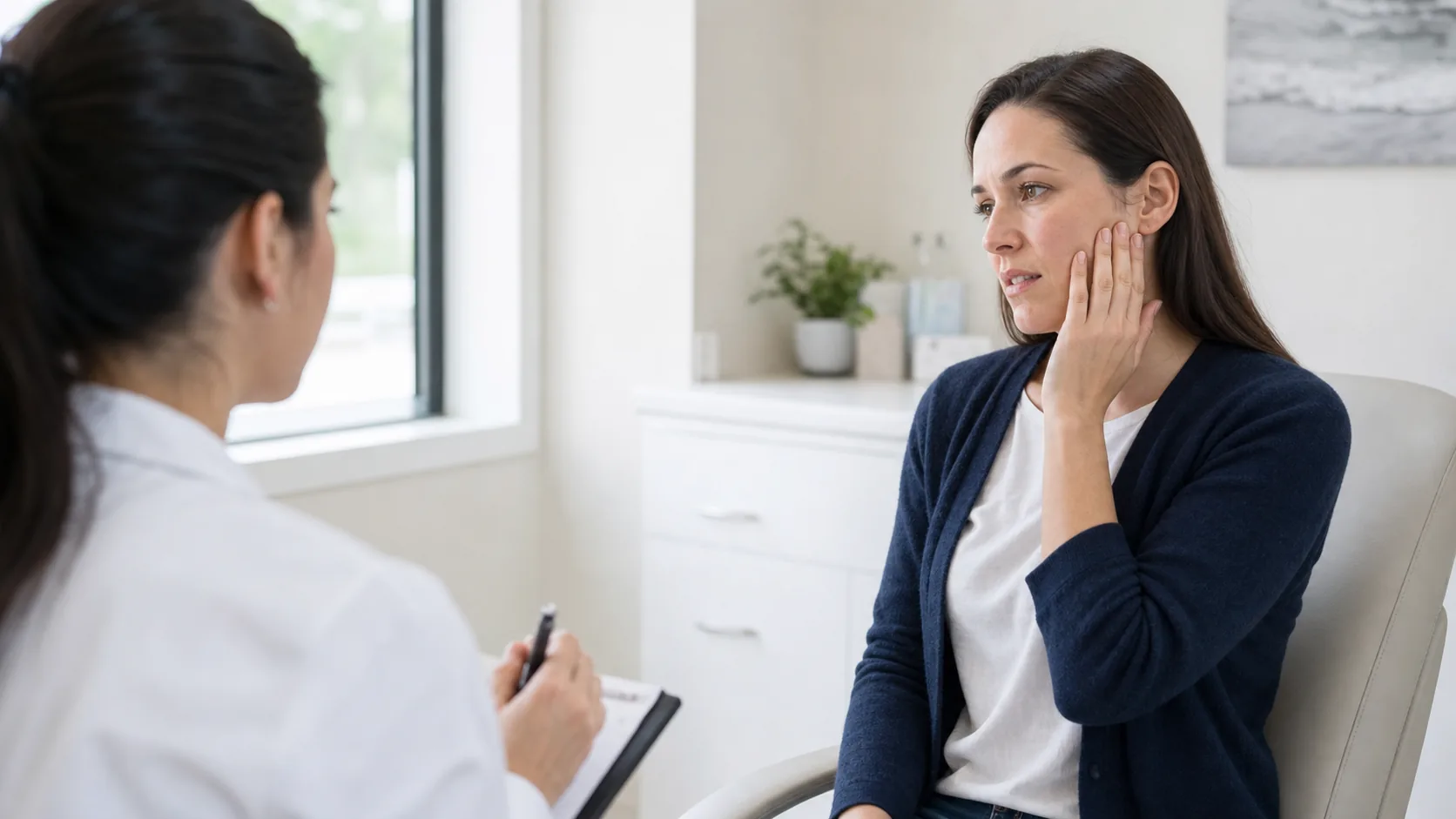 Patient discussing jaw pain with a medical professional