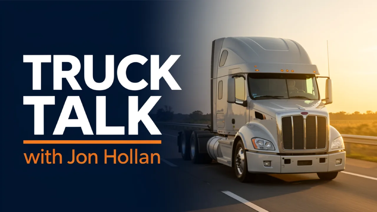 Truck talk with jon hollan series cover, showing a white semi truck on a highway at sunrise