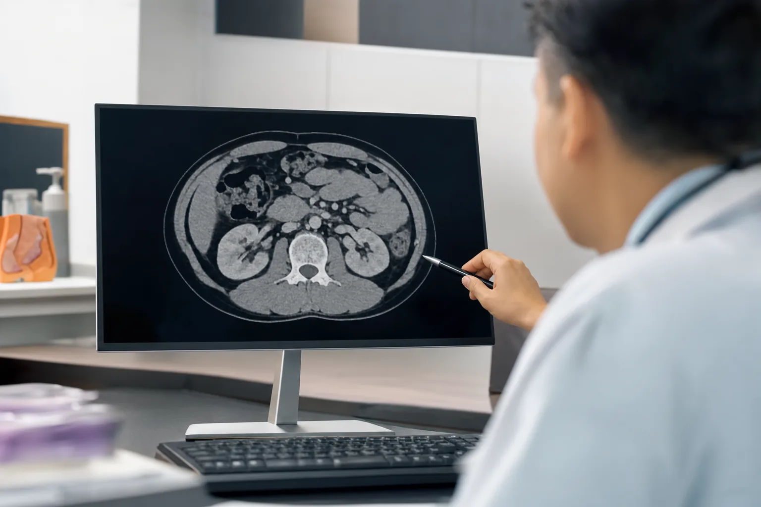 Medical illustration showing abdominal pain from an internal organ injury after a car accident