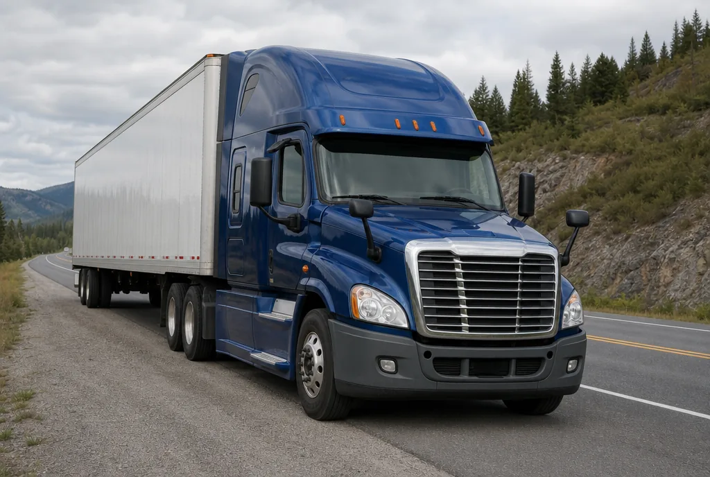 Blue semi-truck with a trailer traveling on a two-lane highway