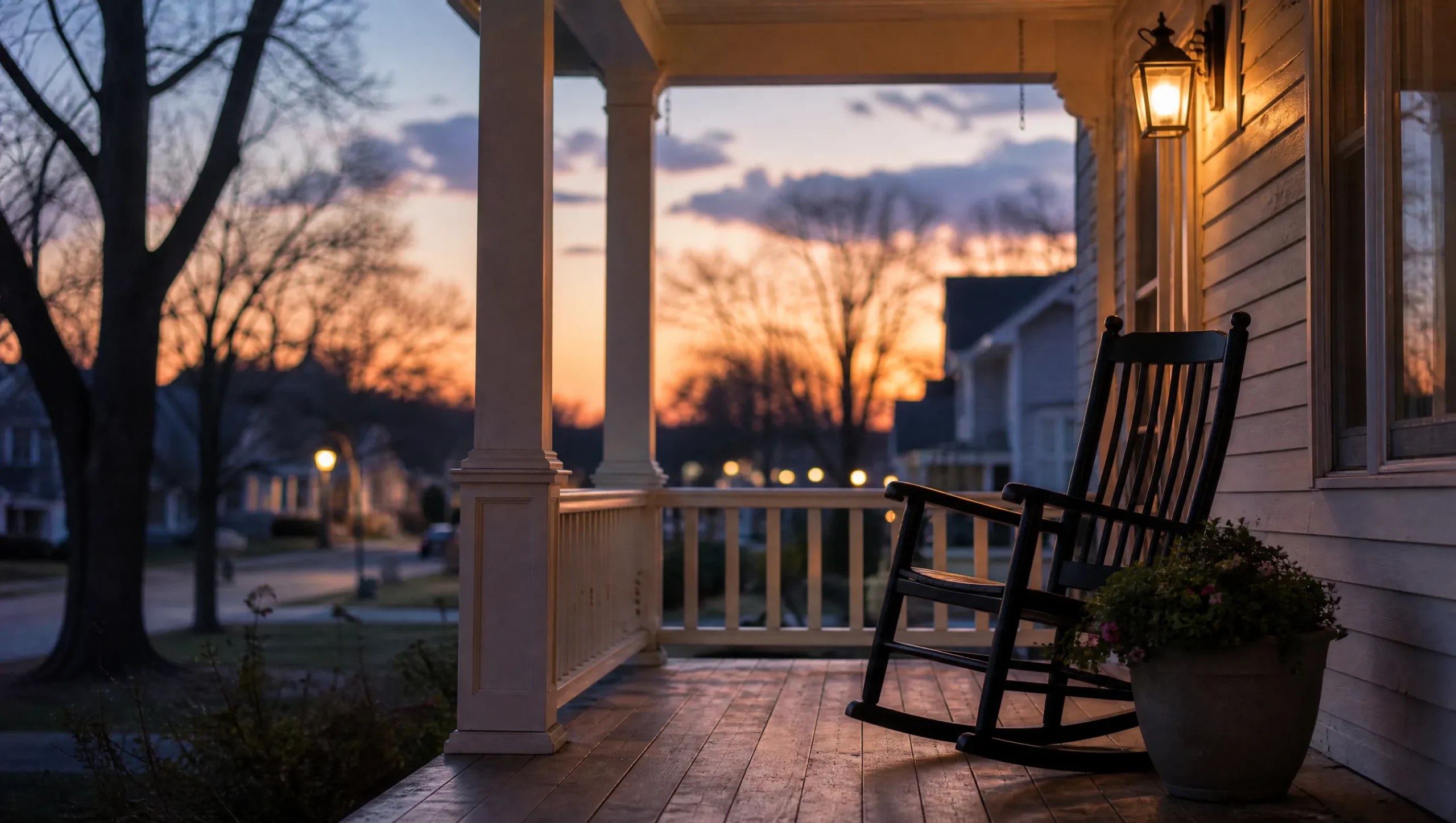 Rocking chair on a front porch at sunset