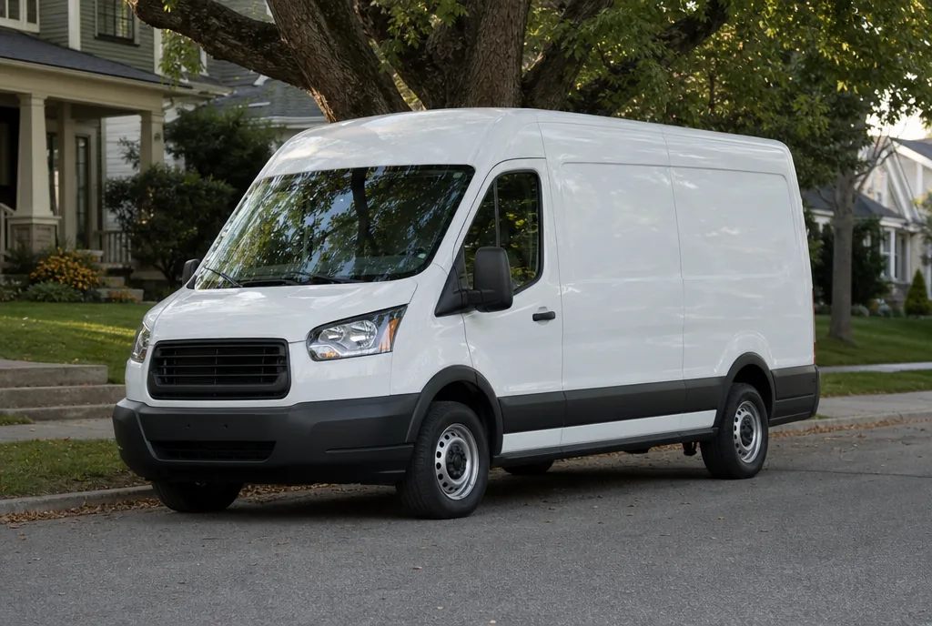 White cargo van parked on a residential street