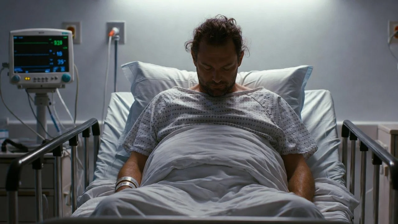 Man in a hospital gown resting in a hospital bed beside a vital signs monitor