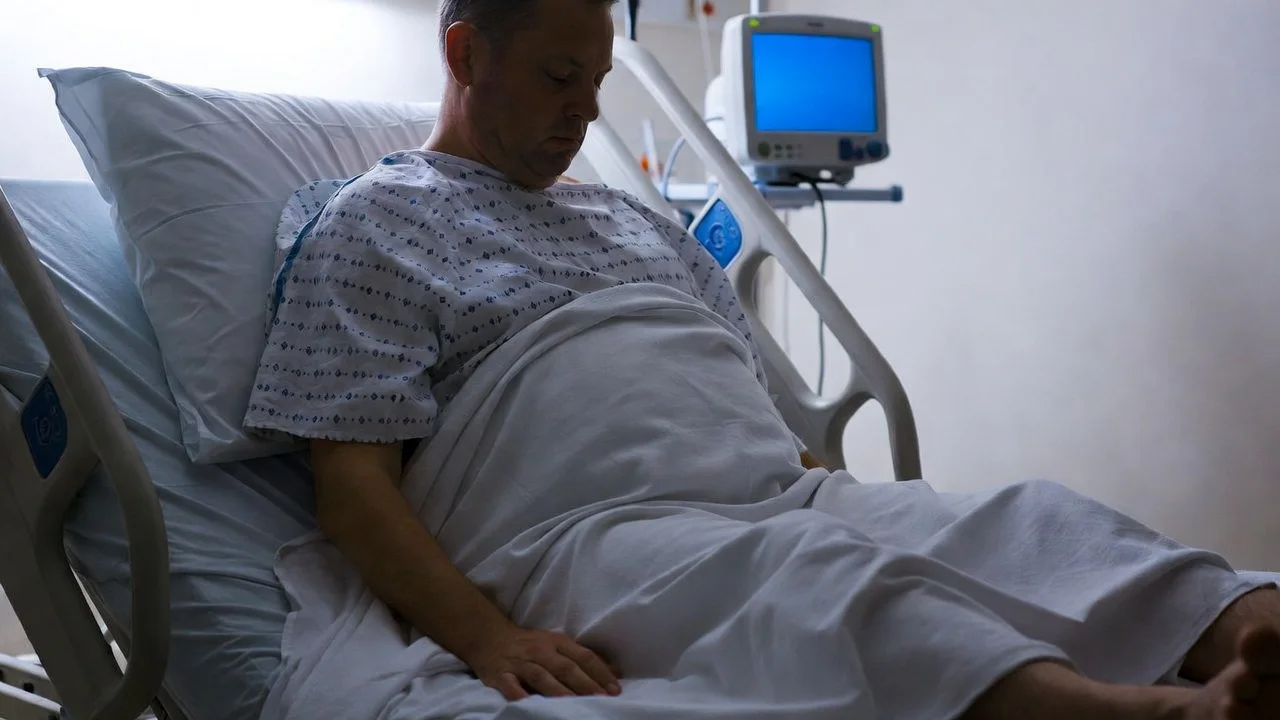 Man in a hospital gown sitting up in a hospital bed beside a vital signs monitor
