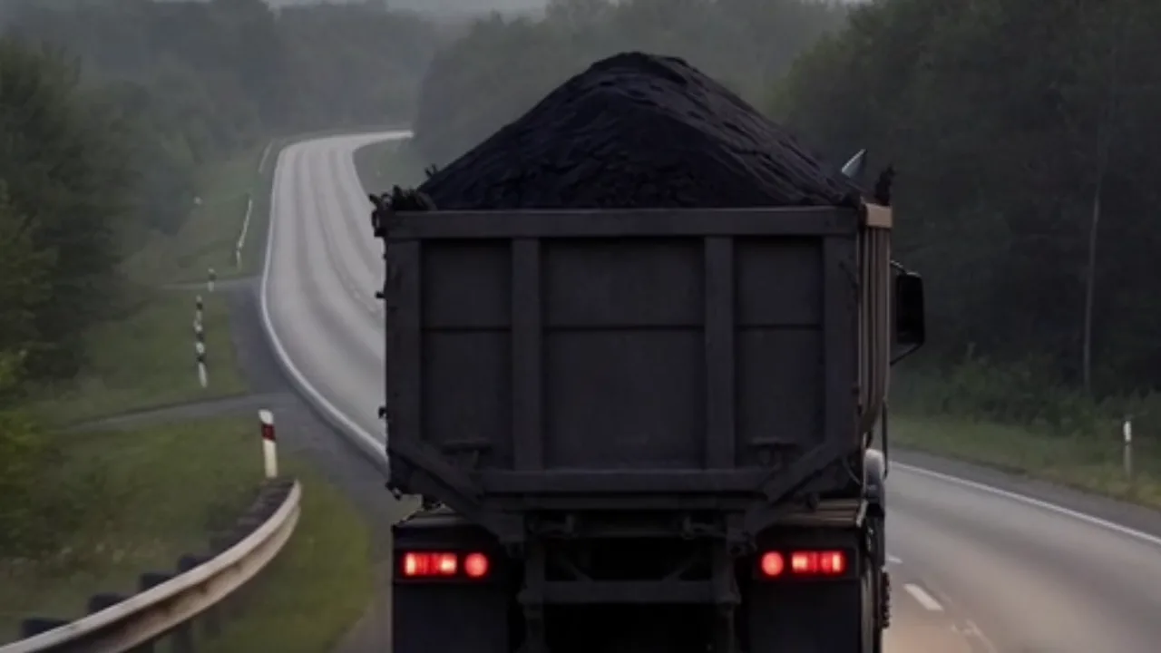 Coal truck carrying a load along a winding road