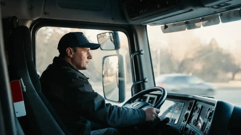 Commercial truck driver in the cab of a semi-truck checking the road ahead